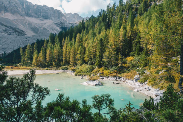 Scenic view of Sorapis Lake, Dolomites, Italy stock photo