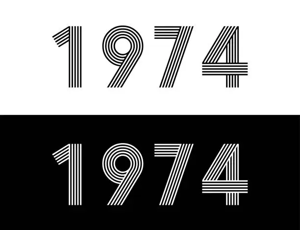 Vector illustration of Year 1974. Commemorative date for birthday and celebration. Set in black and white with retro font.