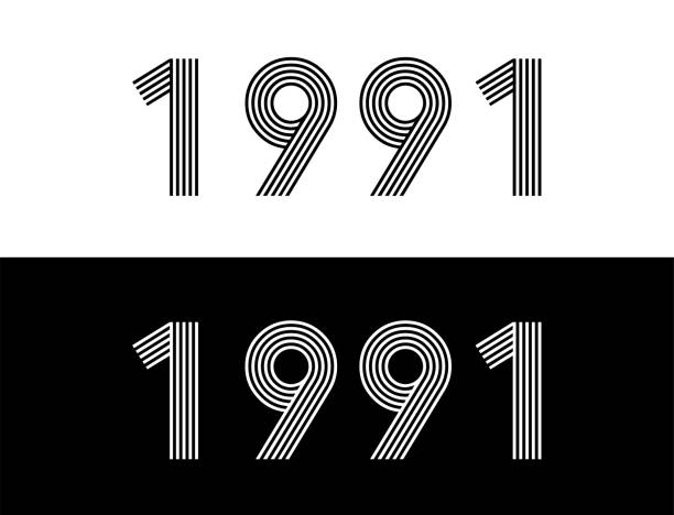 illustrations, cliparts, dessins animés et icônes de année 1991. date commémorative pour l’anniversaire et la célébration. ensemble en noir et blanc avec police rétro. - 1991