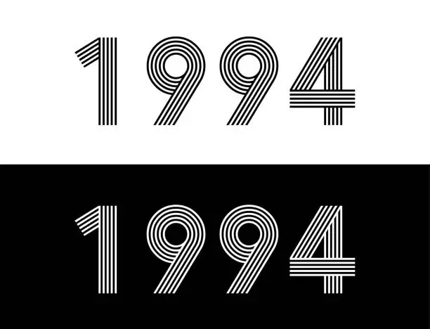 Vector illustration of Year 1994. Commemorative date for birthday and celebration. Set in black and white with retro font.