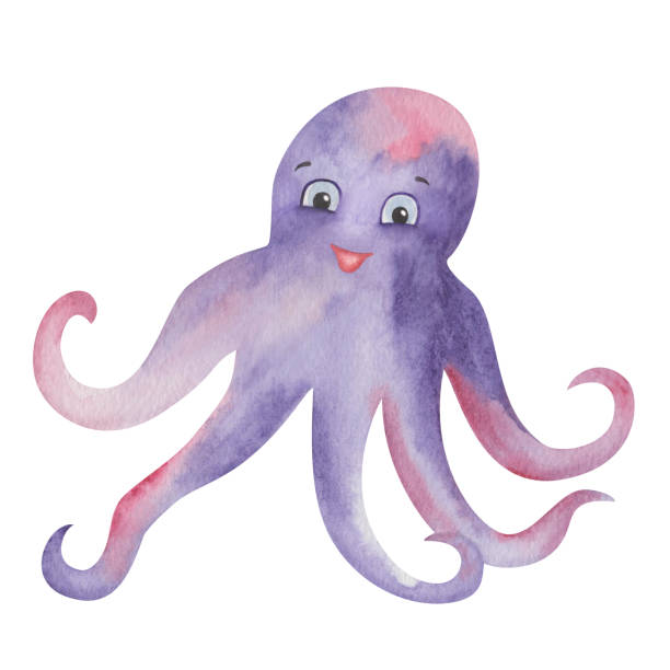 ilustrações de stock, clip art, desenhos animados e ícones de watercolor illustration of hand painted violet octopus with face and smile colorful as candy. sea wildlife animal. cartoon character. isolated childish clip art for fabric textile, stickers, posters - animals and pets isolated objects sea life