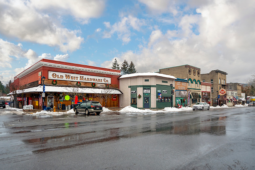 The historic main street of Spirit Lake Idaho, USA, a small historic town in the Idaho panhandle at winter.