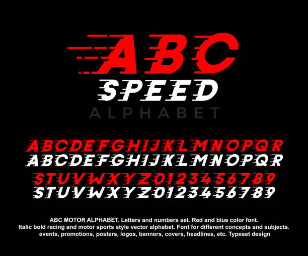 abc speed 벡터 알파벳과 숫자가 설정됩니다. 빨간색과 파란색 글꼴. 기울임꼴로 대담한 레이싱 및 모터 스포츠 및 게임 스타일 디자인. 헤드 라인, 로고, 배너, 이벤트, 포스터 등 - motorized sport motor racing track motorcycle racing auto racing stock illustrations