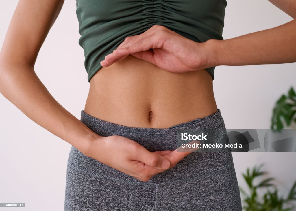 Close up of a young multi-ethnic woman's stomach cupped by her hands Close up of a young multi-ethnic woman's stomach cupped by her hands. High quality photo Intestine Stock Photo