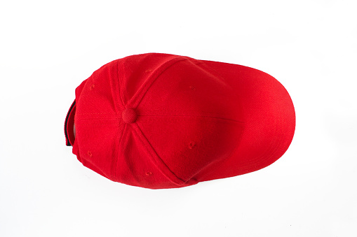 Red Baseball cap isolated on white background. Top view