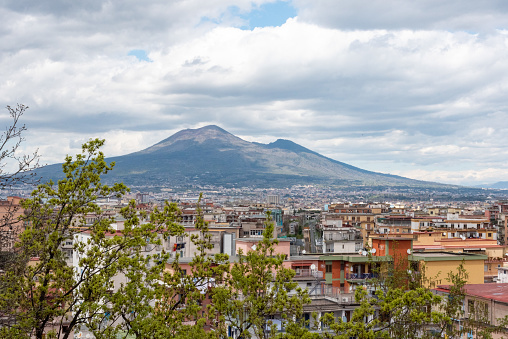 Panoramic view of mount Vesuvius, the cities of Stabia and Pompeii in front, Southern Italy