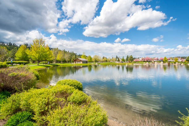 o pequeno lago na obra, vive e brinca com a comunidade de riverstone, no centro de coeur d'alene, idaho, no panhandle de idaho. - dalene - fotografias e filmes do acervo