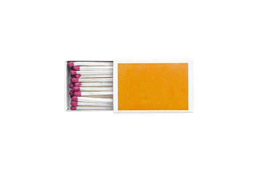 Box of matches isolated on white background. Top view of opened box full of matchsticks