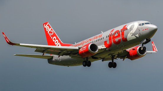 Leeds Bradford Airport, United Kingdom - 24 June 2022: Jet2 Boeing 737 (G-GDFT) arriving from Ibiza, Spain.
