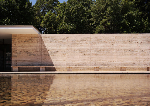 Barcelona, Spain - May 2018: Famous Barcelona Pavilion by German architect Mies van der Rohe.