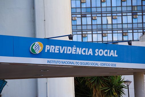 Brasília, Federal District, Brazil – July 23, 2022: Facade of the INSS headquarters building. National Institute of Social Security - Headquarters Building - Social Security in Brasília.