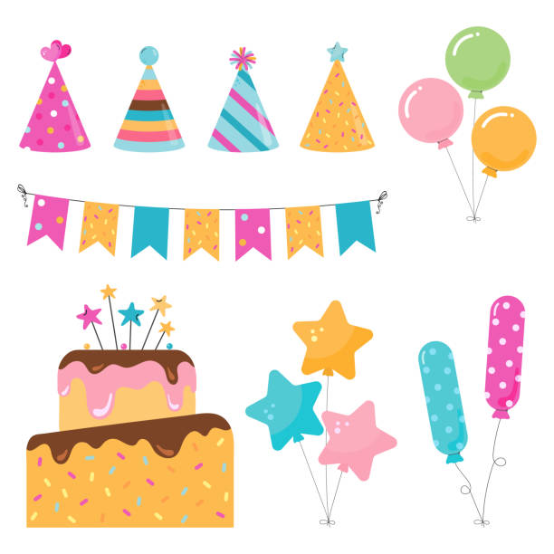 Set of birthday party design elements. Vector illustrations. Party decoration, balloons, cake with candles, confetti, party hats, bunting banners Set of birthday party design elements. Vector illustrations. Party decoration, balloons, cake with candles, confetti, party hats, bunting banners party hat stock illustrations