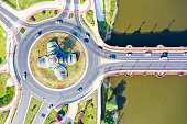 Aerial view of a traffic roundabout in Gorzów Wielkopolski town city at river Warta in Poland