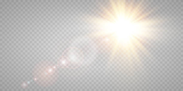 illustrations, cliparts, dessins animés et icônes de vector transparent doré soleil spécial lentille effet de lumière. éblouissement solaire sur la lentille avant. flou vectoriel en pleine lumière. élément de décor. - fantasy sunbeam backgrounds summer