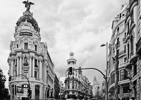 Madrid, Spain - May 2018: The Metropolis Building is an office building in Madrid, at the corner of the Calle de Alcala and Gran Via. Opened in 1911, designed by Jules and Raymond Février.