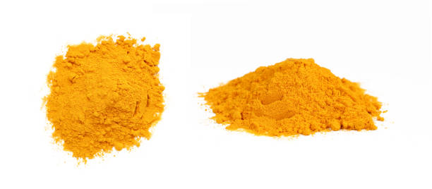 istock Turmeric powder shot from two angles isolated on white background. Indian curcuma spice 1410887744