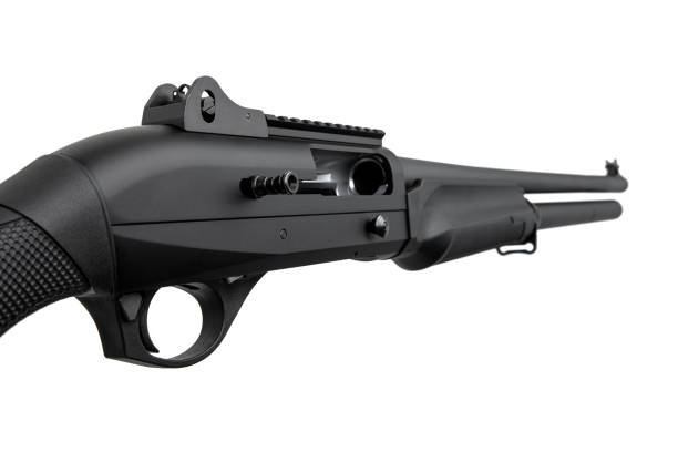 Modern semi-automatic shotgun. Weapons for sports and hunting. Black weapon isolate on white background.