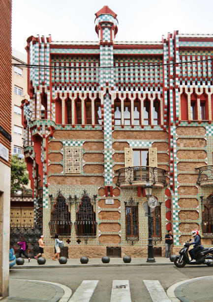 Barcelona, Spain, May 2018: Facade of Casa Vicens with colorful tiles. It is the first masterpiece of Antoni Gaudí. Built between 1883 and 1885 as a summer house for the Vicens family