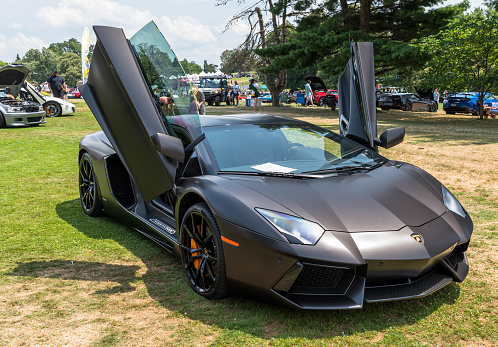 Pittsburgh, Pennsylvania, USA July 24, 2022 The Pittsburgh Vintage Gran Prix in Schenley Park, a yearly event since 1983 featuring car shows and circuit races. A 2014 Lamborghini Aventador on display