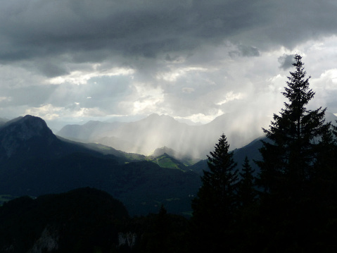 Weather change at Pyramidenspitze mountain hiking tour in Tyrol, Austria in summertime