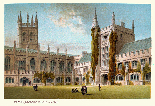 Vintage illustration of Chapel and library of Magdalen College, Oxford , England, 1890s, 19th Century