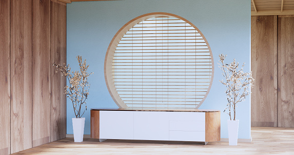 The Cabinet wooden design on light blue room interior modern style.3D rendering