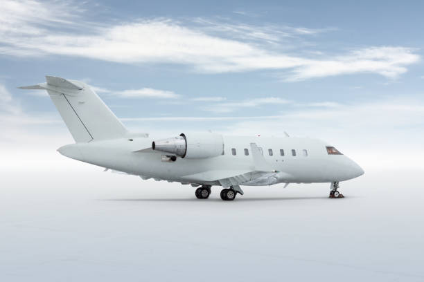 istock Modern white private jet isolated on light background with sky 1410895771