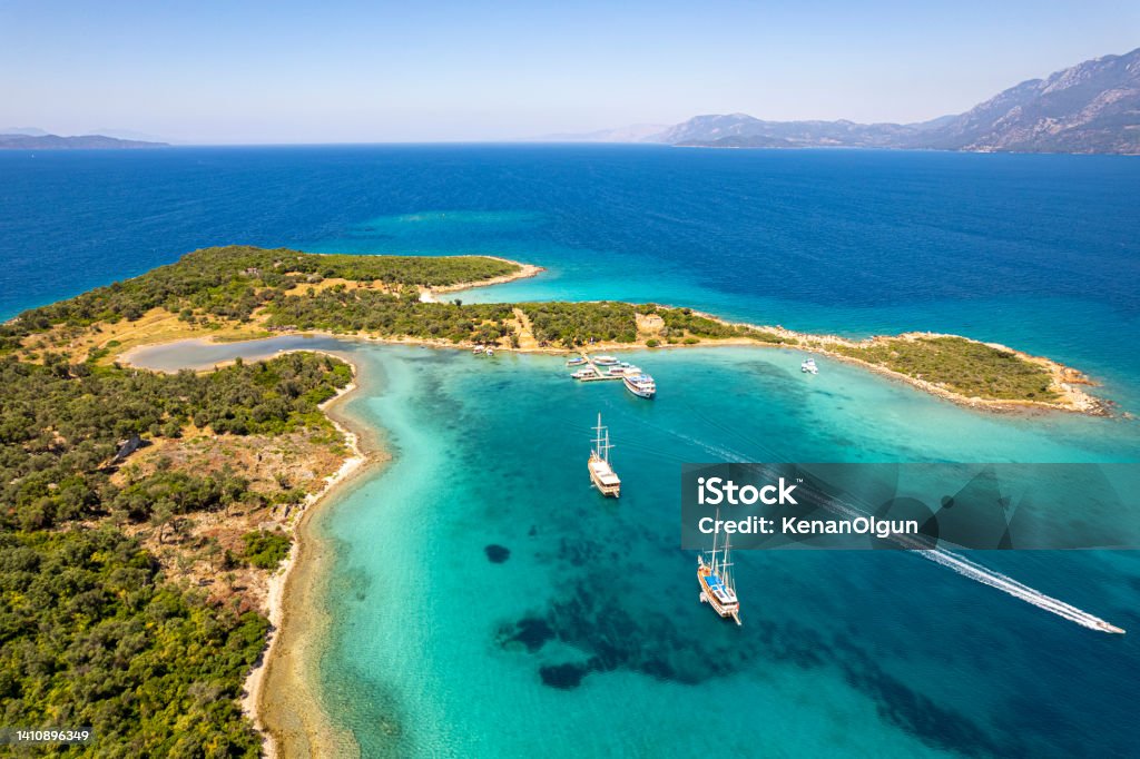 Daily boat trip. Blue voyage. Boat tour. Sedir island Ula, Muğla, Turkey. I took this photo in Akyaka Sedir island in Turkey. Türkiye - Country Stock Photo