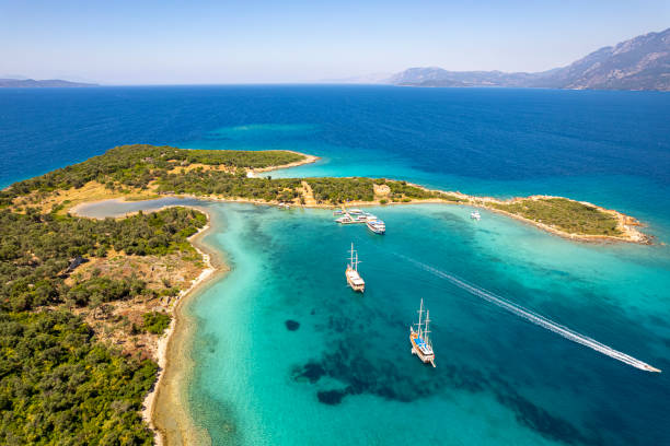 Daily boat trip. Blue voyage. Boat tour. Sedir island Ula, Muğla, Turkey. I took this photo in Akyaka Sedir island in Turkey. marmaris stock pictures, royalty-free photos & images