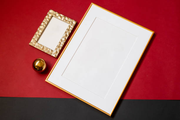istock Mock up poster. Minimal template with empty picture frame mock up. Red background 1410897618