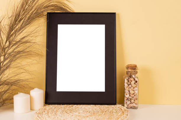 istock Mock up poster. Minimal template with empty picture frame mock up. Yellow background 1410897854
