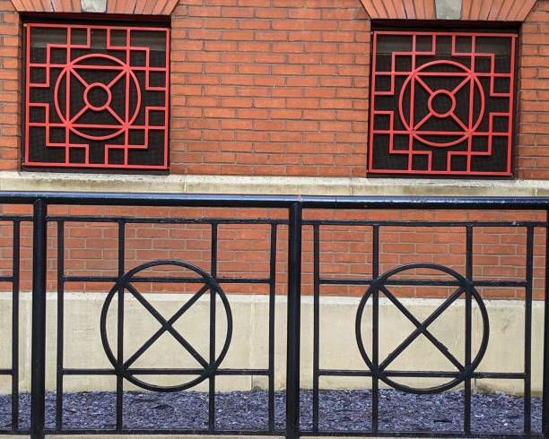 Geometric fencing and window work in Chinatown Manchester, square circle intersection, bricks and gravel