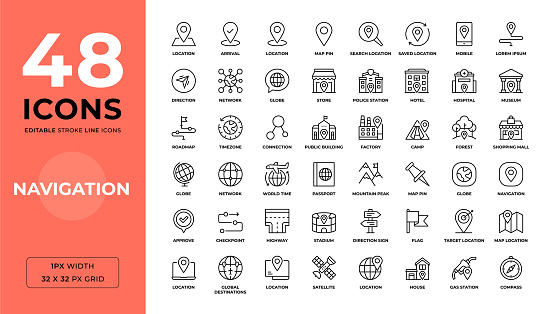 Navigation Editable Stroke Line Icons. Pixel Perfect. For Mobile and Web. Contains 48 icons such as Direction Sign, GPS, Location, Highway, Route and so on