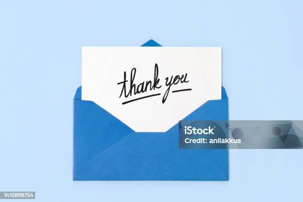 Blue Envelope With Thank You Note Stock Photo - Download Image Now - Thank You - Phrase, Letter - Document, Greeting Card