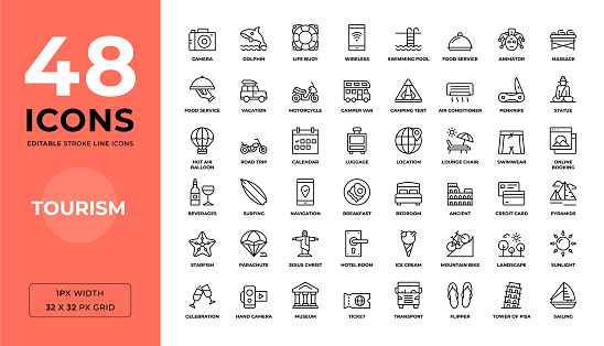 Tourism Editable Stroke Line Icons. Pixel Perfect. For Mobile and Web. Contains 48 icons