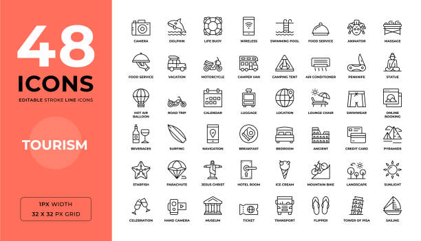 Tourism Editable Stroke Line Icons Tourism Editable Stroke Line Icons. Pixel Perfect. For Mobile and Web. Contains 48 icons tourism stock illustrations