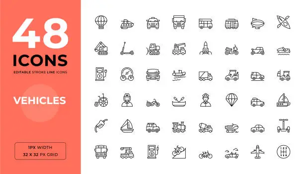 Vector illustration of Vehicles Editable Stroke Line Icons