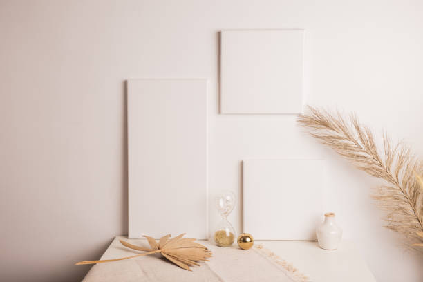 istock Mock up poster. Minimal template with empty picture frame mock up. White background, boho 1410899296