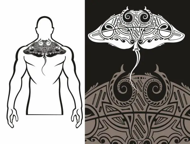 Vector illustration of Maori styled tattoo pattern in shape of manta ray. Fit for upper and lower back. Editable vector illustration.