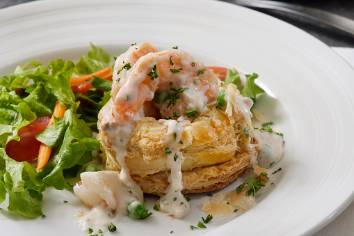 Classic Shrimp Newburg in a Puff Pastry Shell with a Side Salad