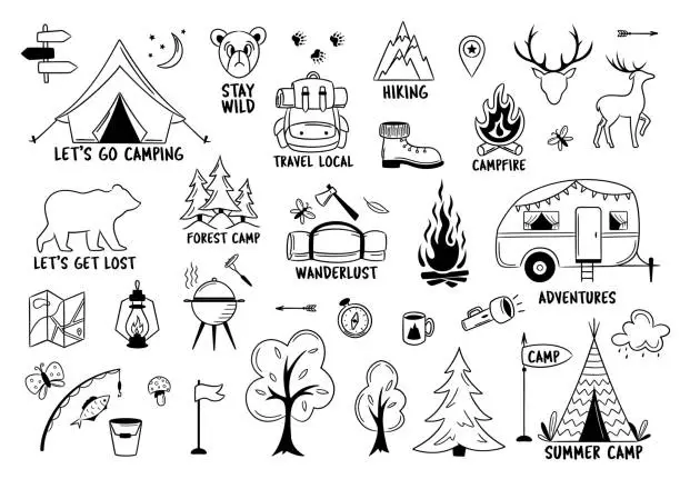 Vector illustration of Camping and hiking elements isolated on white. Outdoor adventure emblems. Tourist tent, forest, camp, trees and wild animals. For Camp badges, labels, banners, brochures. Outlined vector illustration