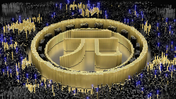 istock CNY symbol in an abstract microstructure of black and gold blocks. 3d rendering image. Futuristic concept art. 1410902126