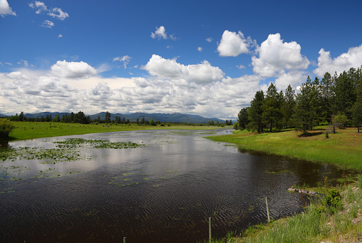 Wide shot of the Pend Oreille River in Newport, Washington.