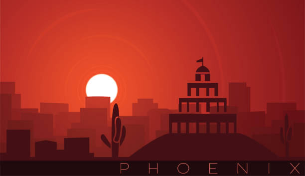 ilustrações, clipart, desenhos animados e ícones de phoenix low sun skyline cena - phoenix sunset arizona city