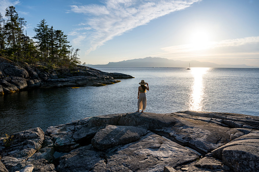 Woman visiting the Sunshine Coast of BC. Sechelt, Canada. Solo female travelling.