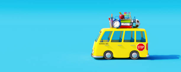 istock Back to school concept on blue background. School bus with school supplies 3D Render 1410905331