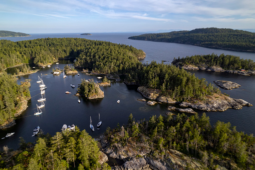 The Sunshine Coast of British Columbia. Smugglers Cove in Sechelt, BC. Aerial view filmed from the Pacific Ocean.