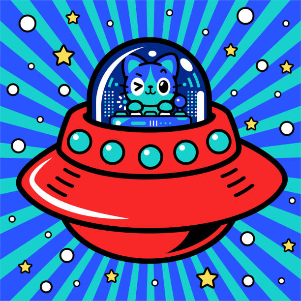 ein niedlicher katzenastronaut steuert ein unlimited power raumschiff oder ufo ins metaversum - driving speed humor video game stock-grafiken, -clipart, -cartoons und -symbole