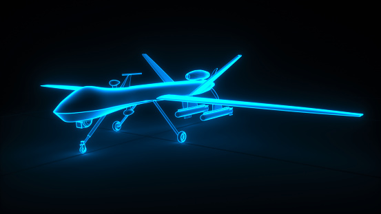 a military drone wireframe glowing blue (3d rendering)