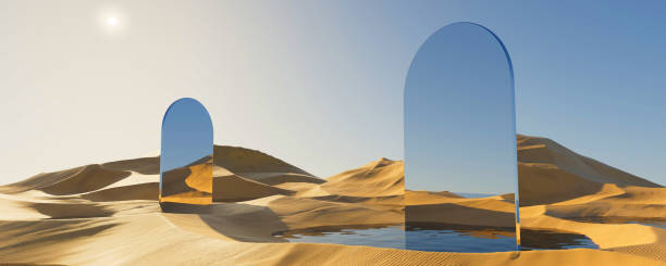 Surreal desert landscape with white clouds going into the yellow square portals on sunny day. Modern minimal abstract background Surreal desert landscape with white clouds going into the yellow square portals on sunny day. Modern minimal abstract background oasis sand sand dune desert stock pictures, royalty-free photos & images